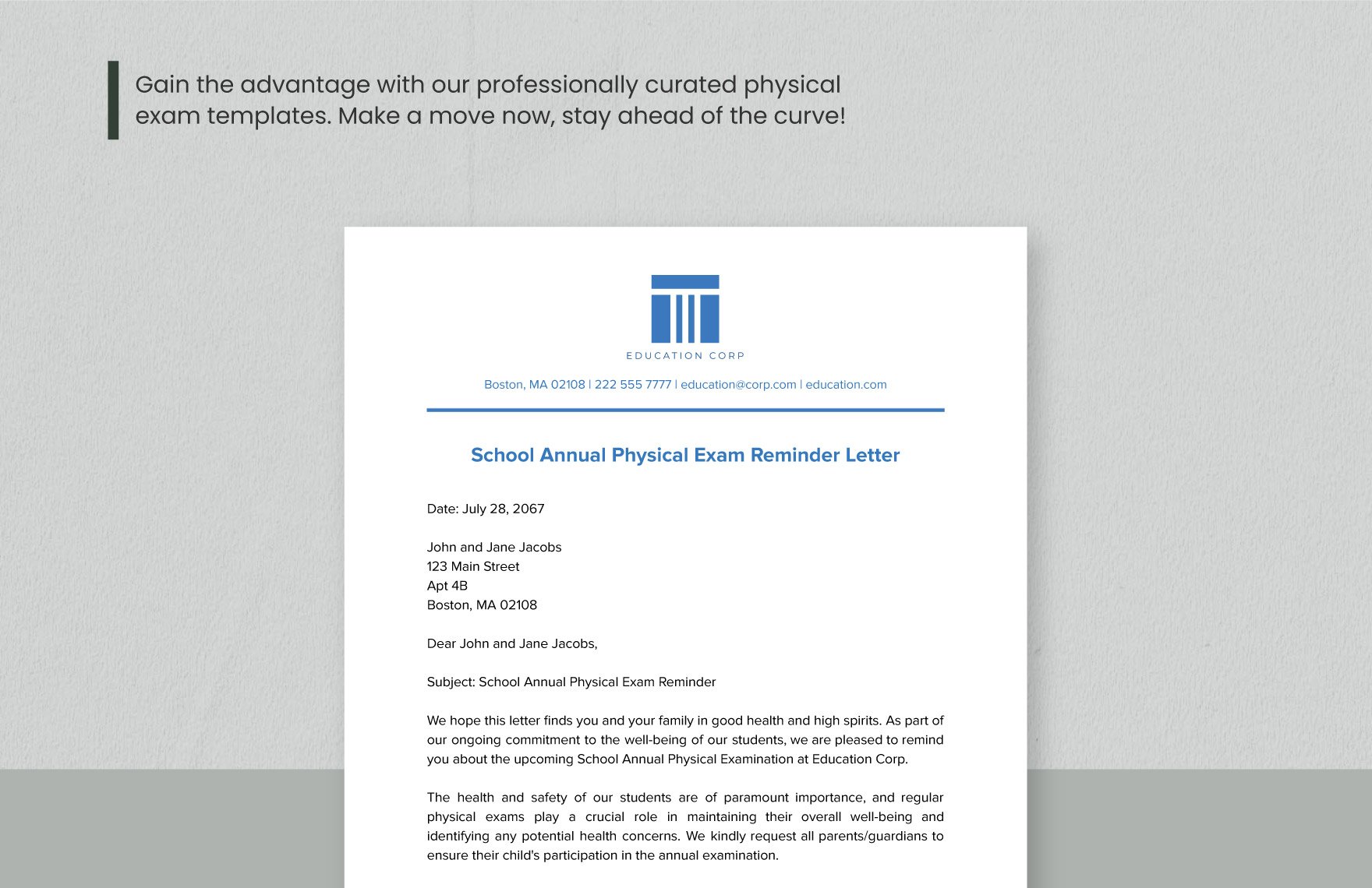 School Annual Physical Exam Reminder Letter Template