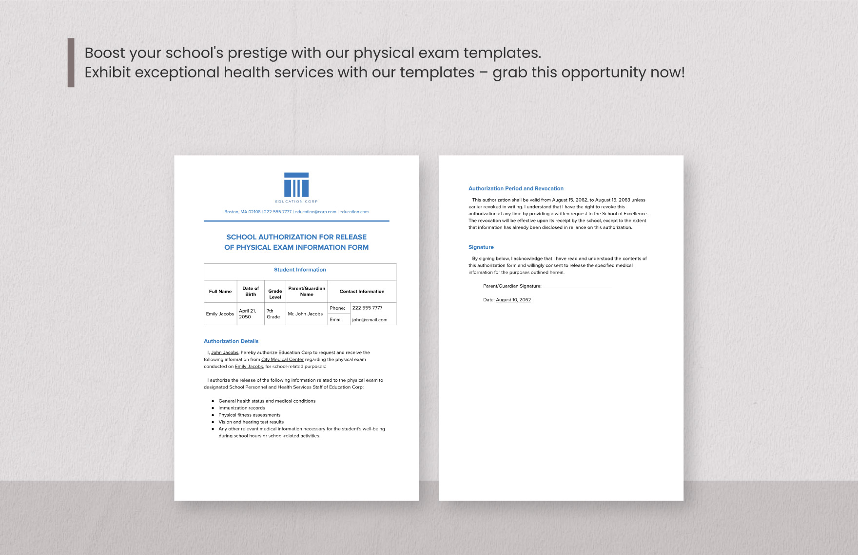 School Authorization for Release of Physical Exam Information Form Template