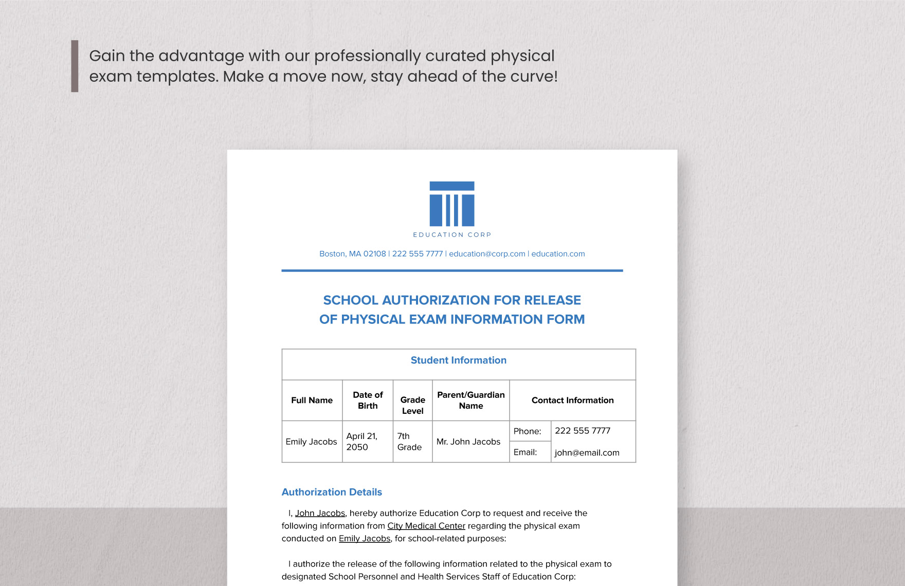 School Authorization for Release of Physical Exam Information Form Template
