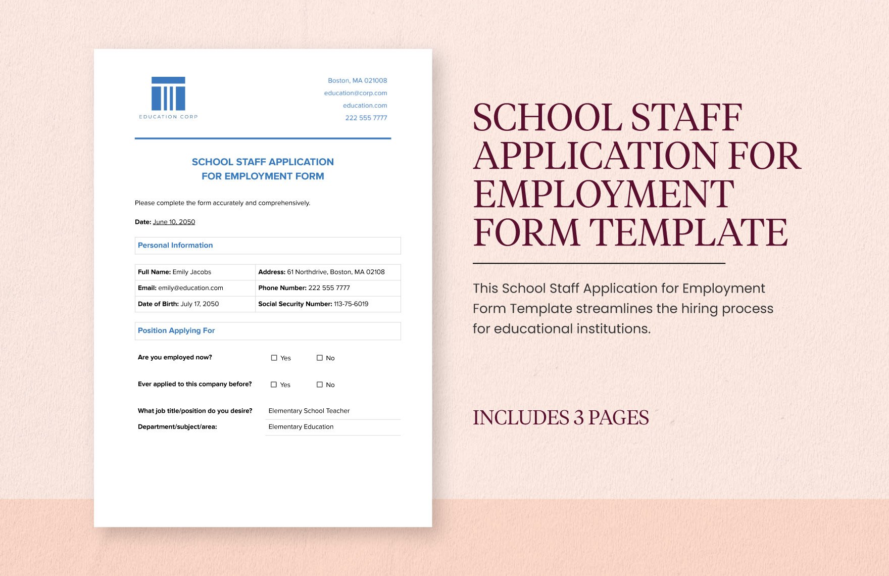 School Staff Application for Employment Form Template