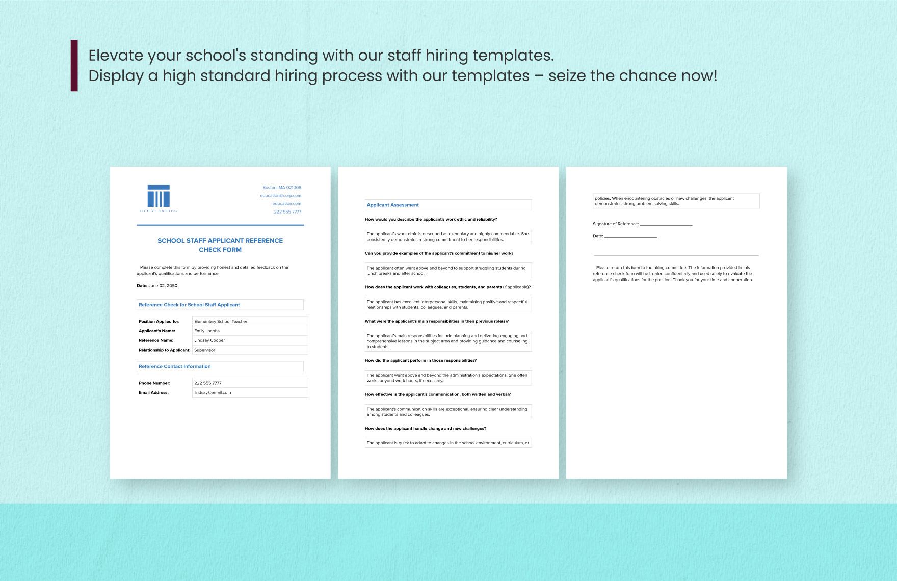 School Staff Applicant Reference Check Form Template