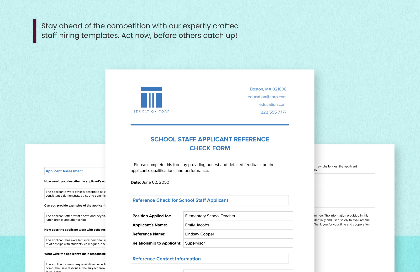 School Staff Applicant Reference Check Form Template