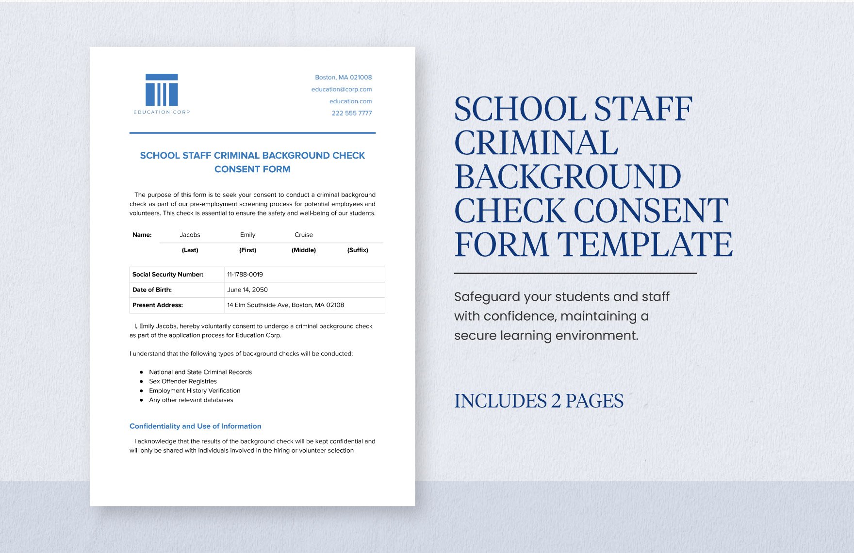 School Staff Criminal Background Check Consent Form Template