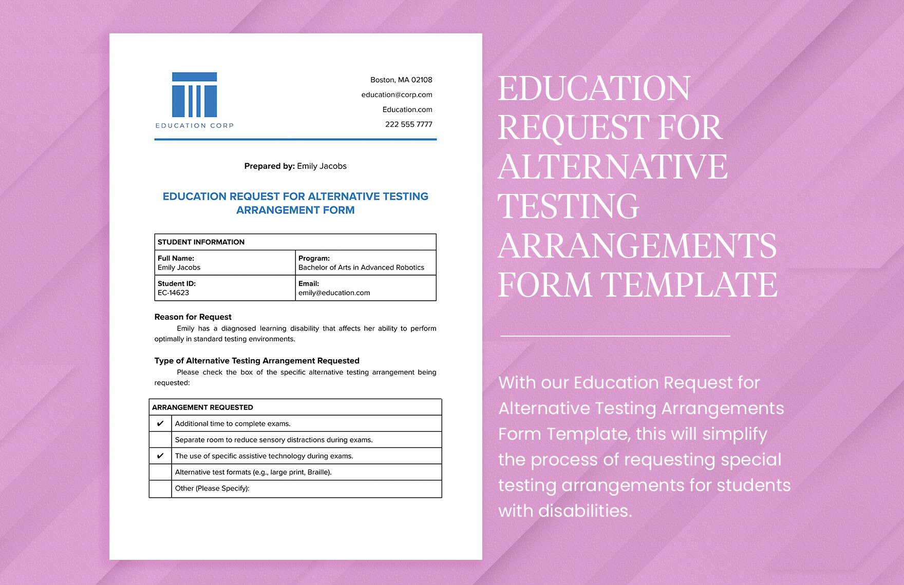 Education Request for Alternative Testing Arrangements Form Template