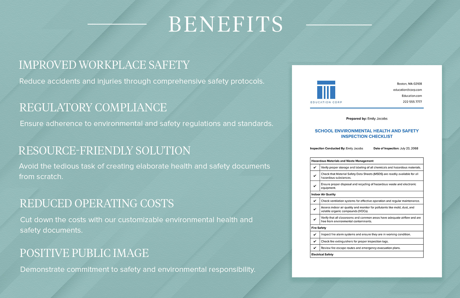 School Environmental Health and Safety Inspection Checklist Template