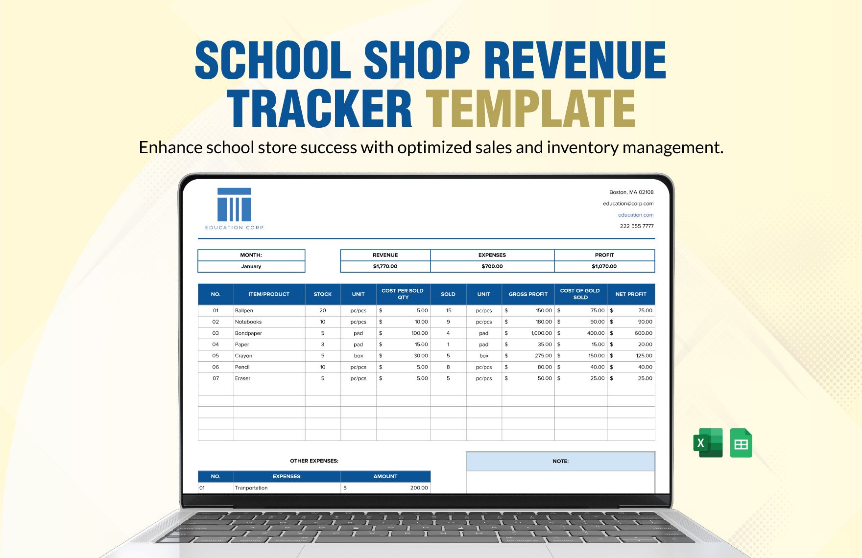 School Shop Revenue Tracker Template in Excel, Google Sheets
