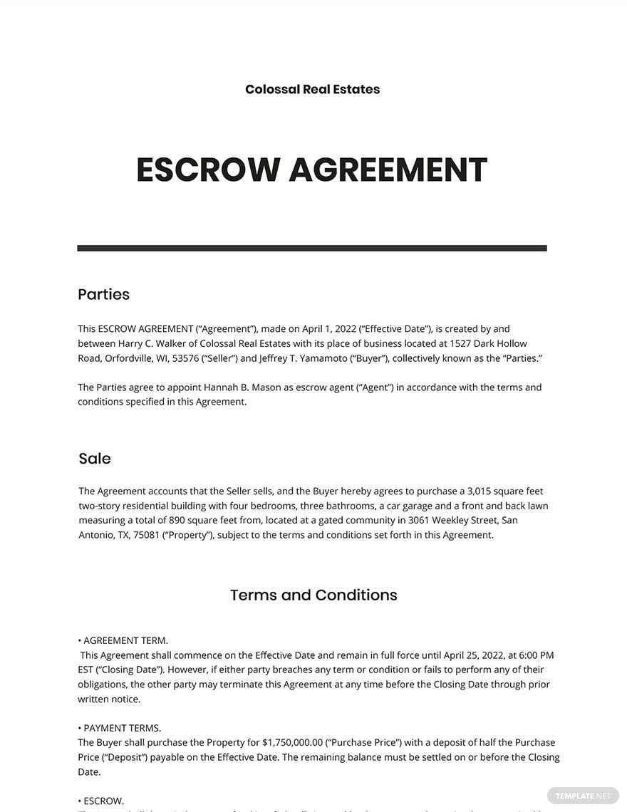 Escrow Agreement Template Google Docs, Word, Apple Pages