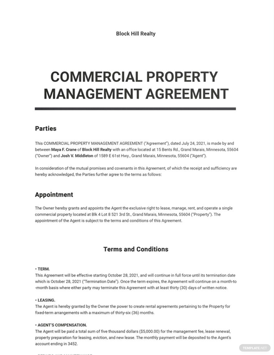 Commercial Property Management Agreement Template