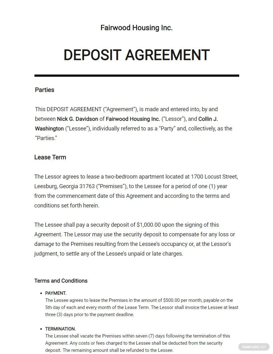 Deposit Agreement Template