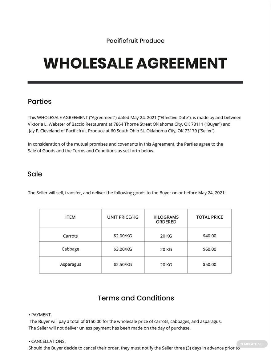 Wholesale Agreement Template Google Docs, Word, Apple Pages