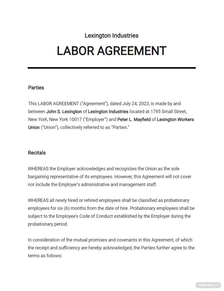 Labor Agreement Template Google Docs, Word, Apple Pages