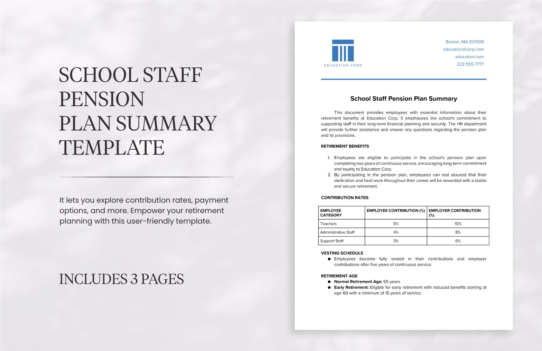 School Staff Pension Plan Summary Template