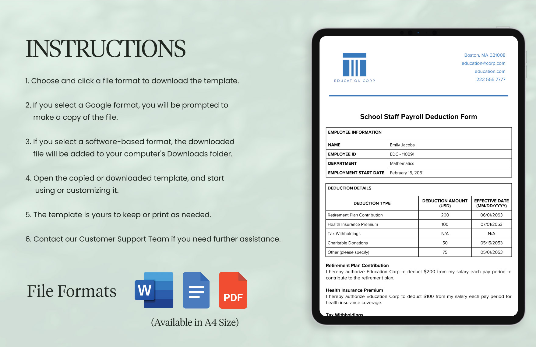 School Staff Payroll Deduction Form Template