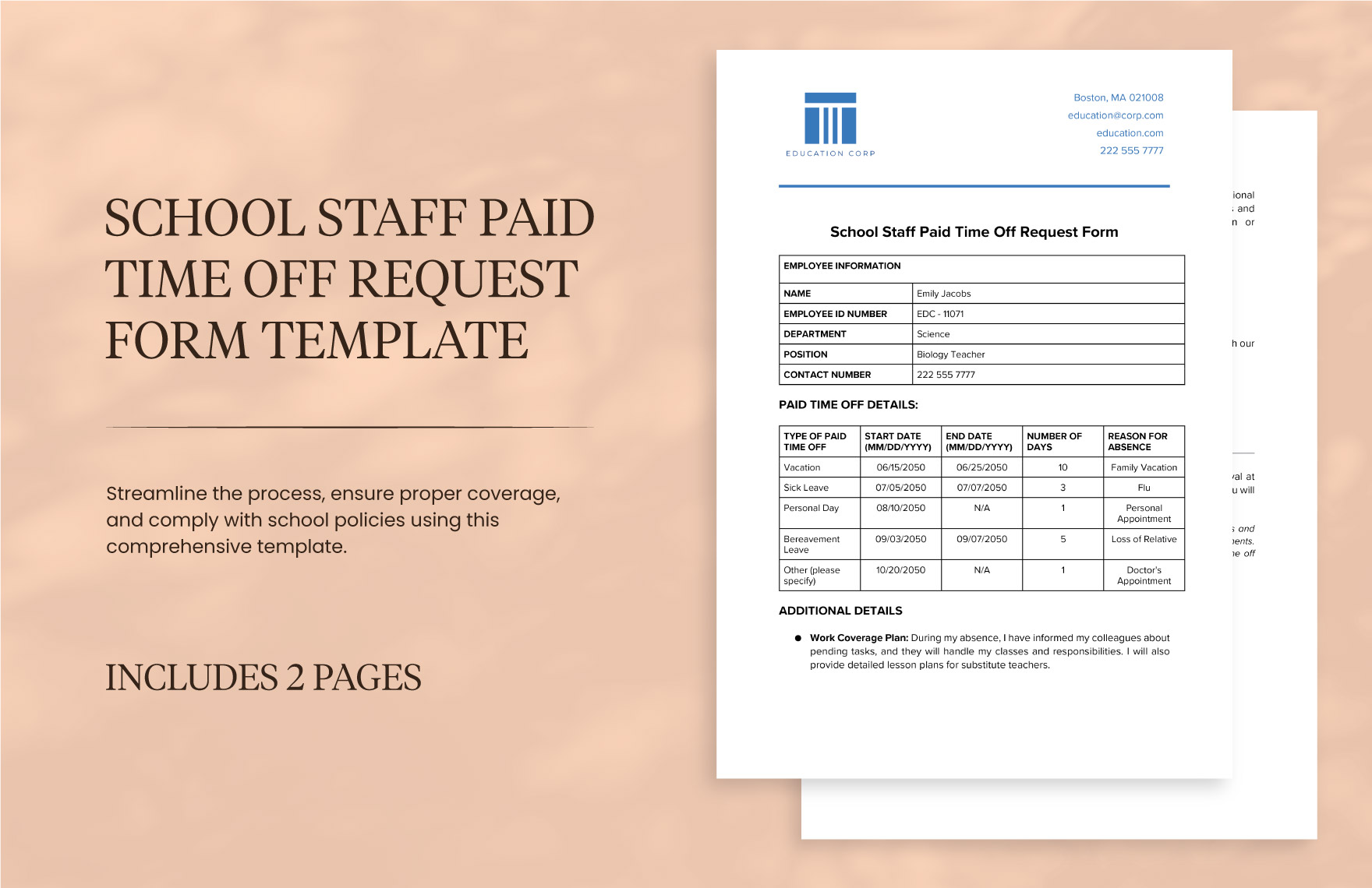 School Staff Paid Time Off Request Form Template In Word PDF Google 