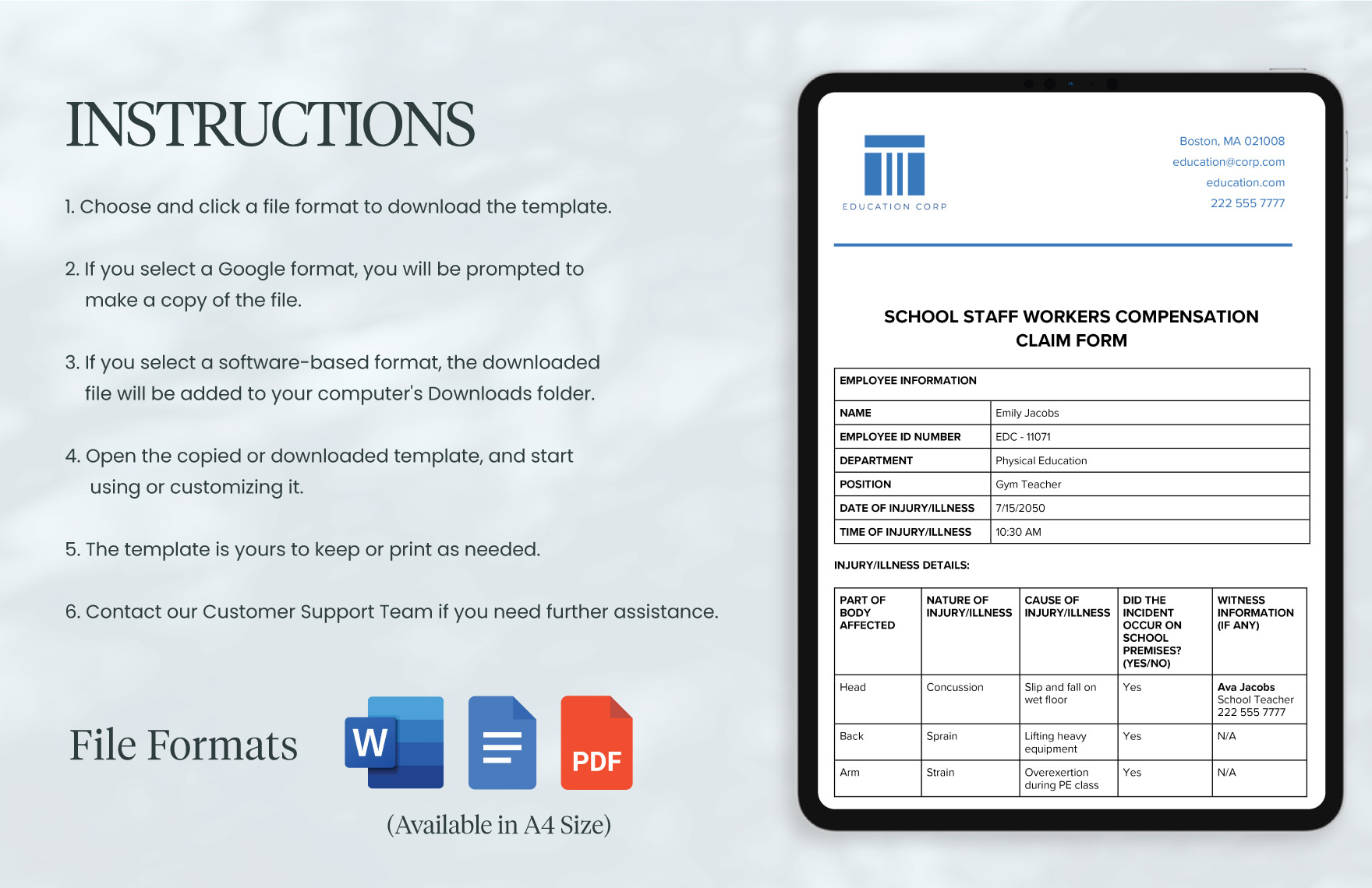 School Staff Workers Compensation Claim Form Template