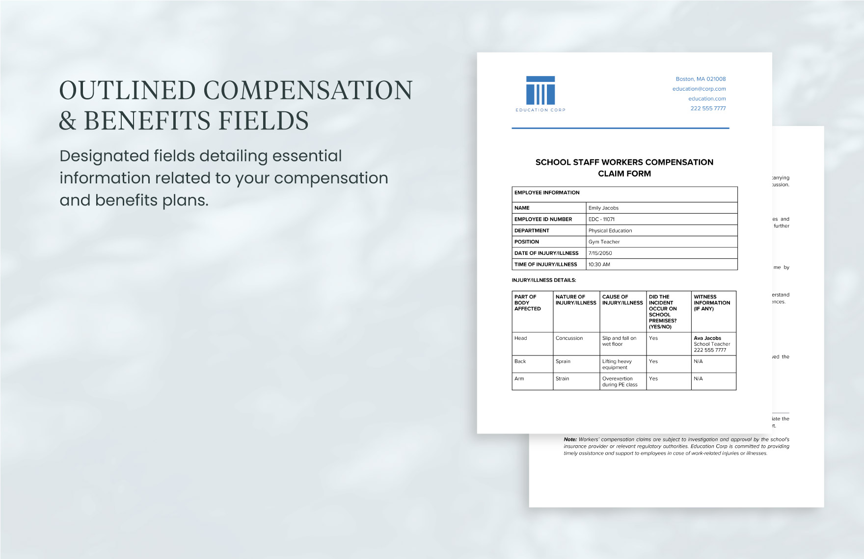 School Staff Workers Compensation Claim Form Template