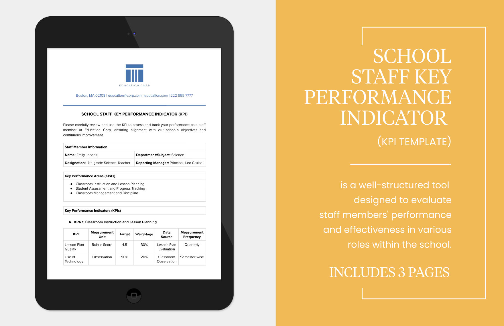 School Staff Key Performance Indicator (KPI) Template
