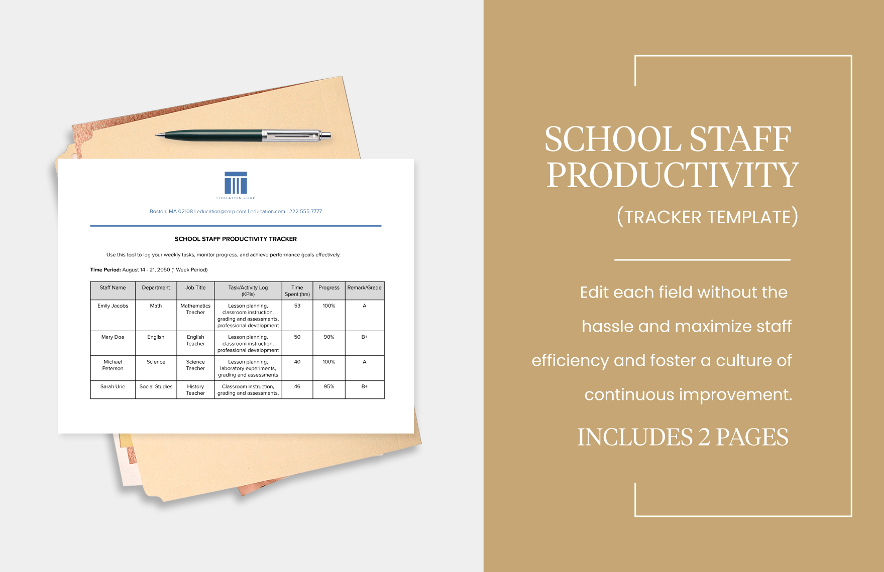 School Staff Productivity Tracker Template