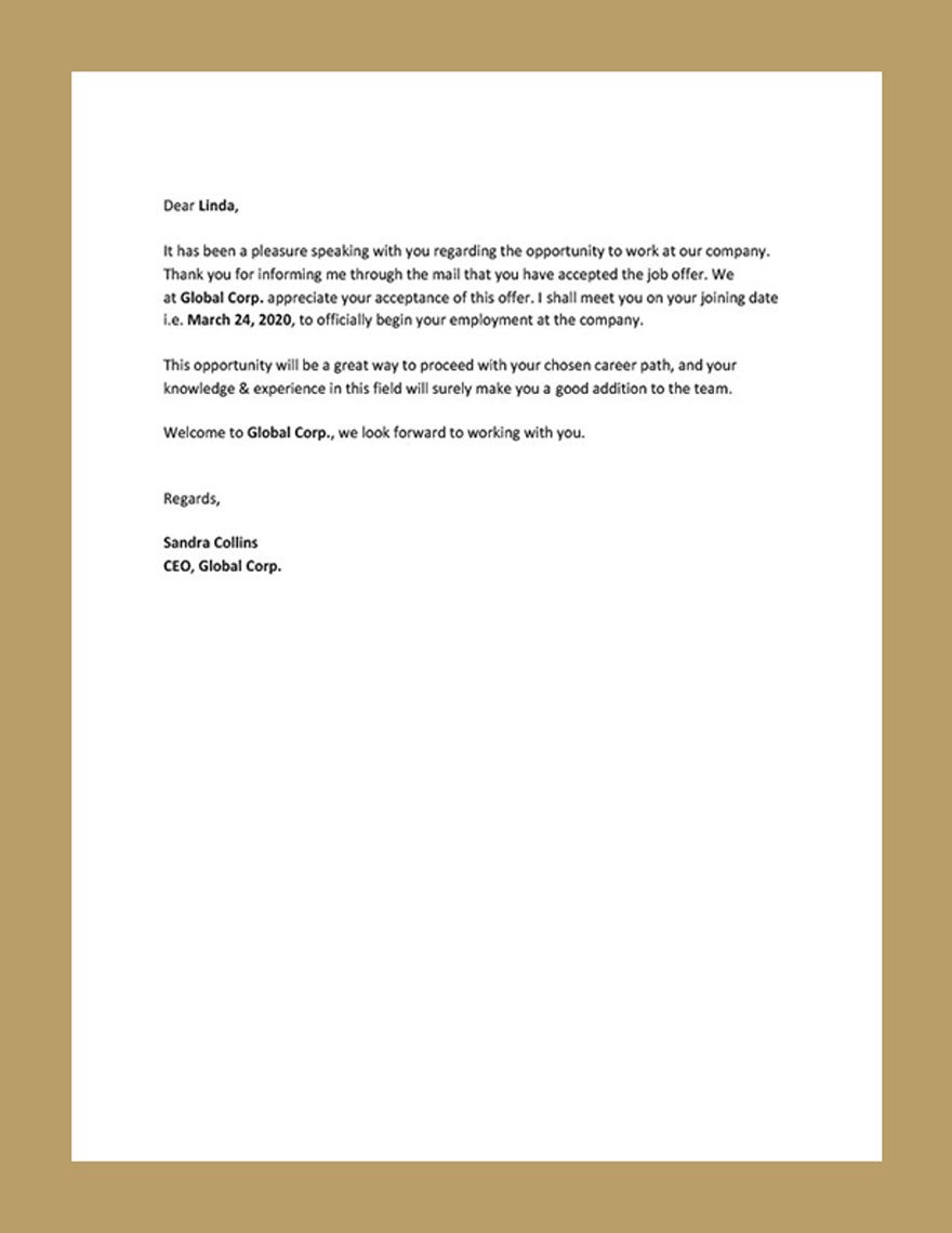 Thank You Letter after Job Acceptance Template