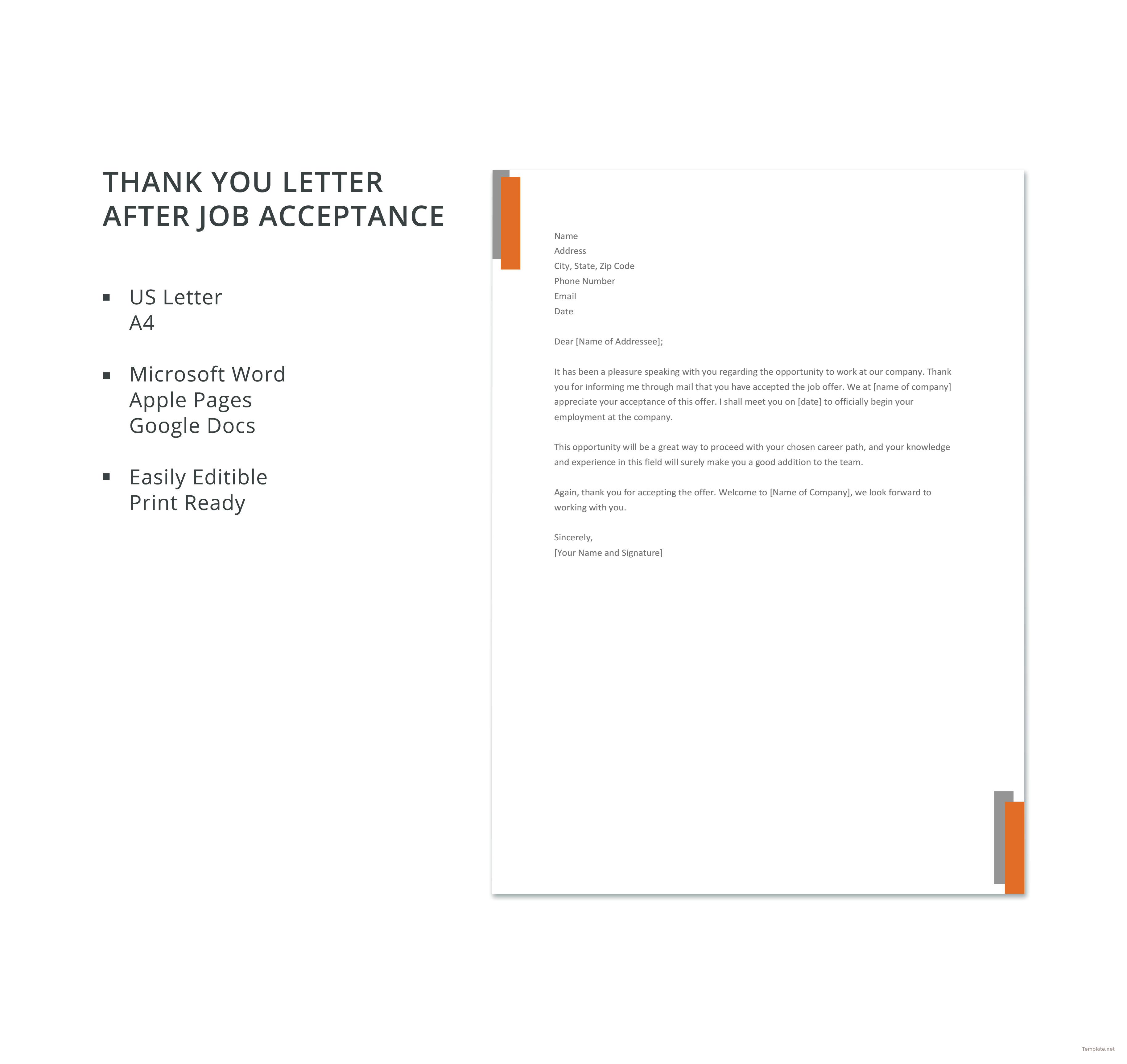 Free Thank You Letter after Job Acceptance Template in Microsoft Word, Apple Pages, Google Docs