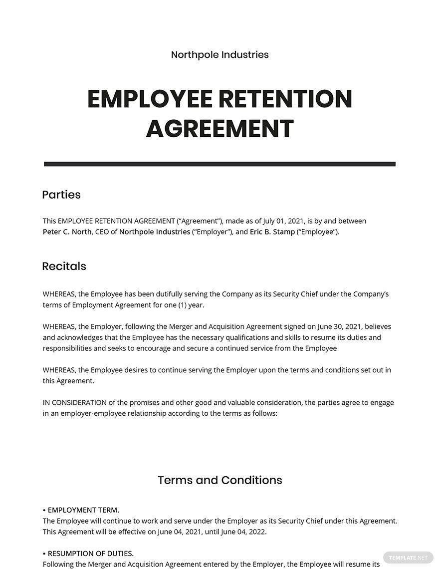 Employee Retention Agreement Template Google Docs Word Apple Pages Template