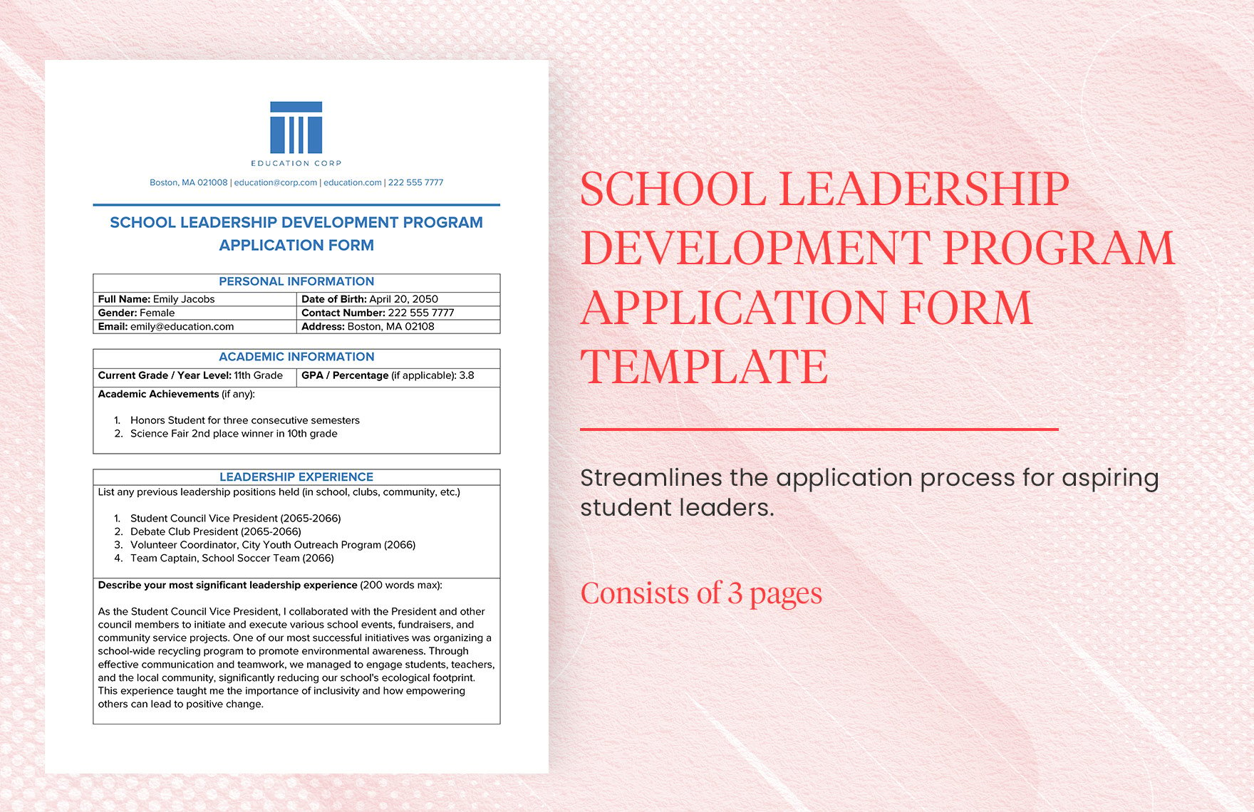 School Leadership Development Program Application Form Template