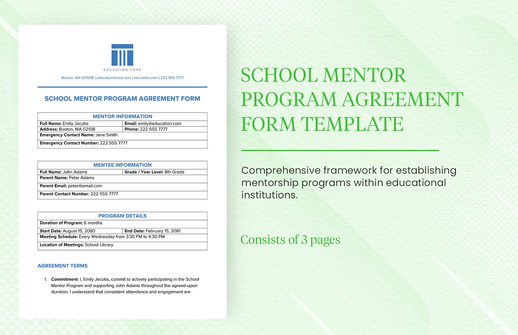 School Mentor Program Agreement Form Template