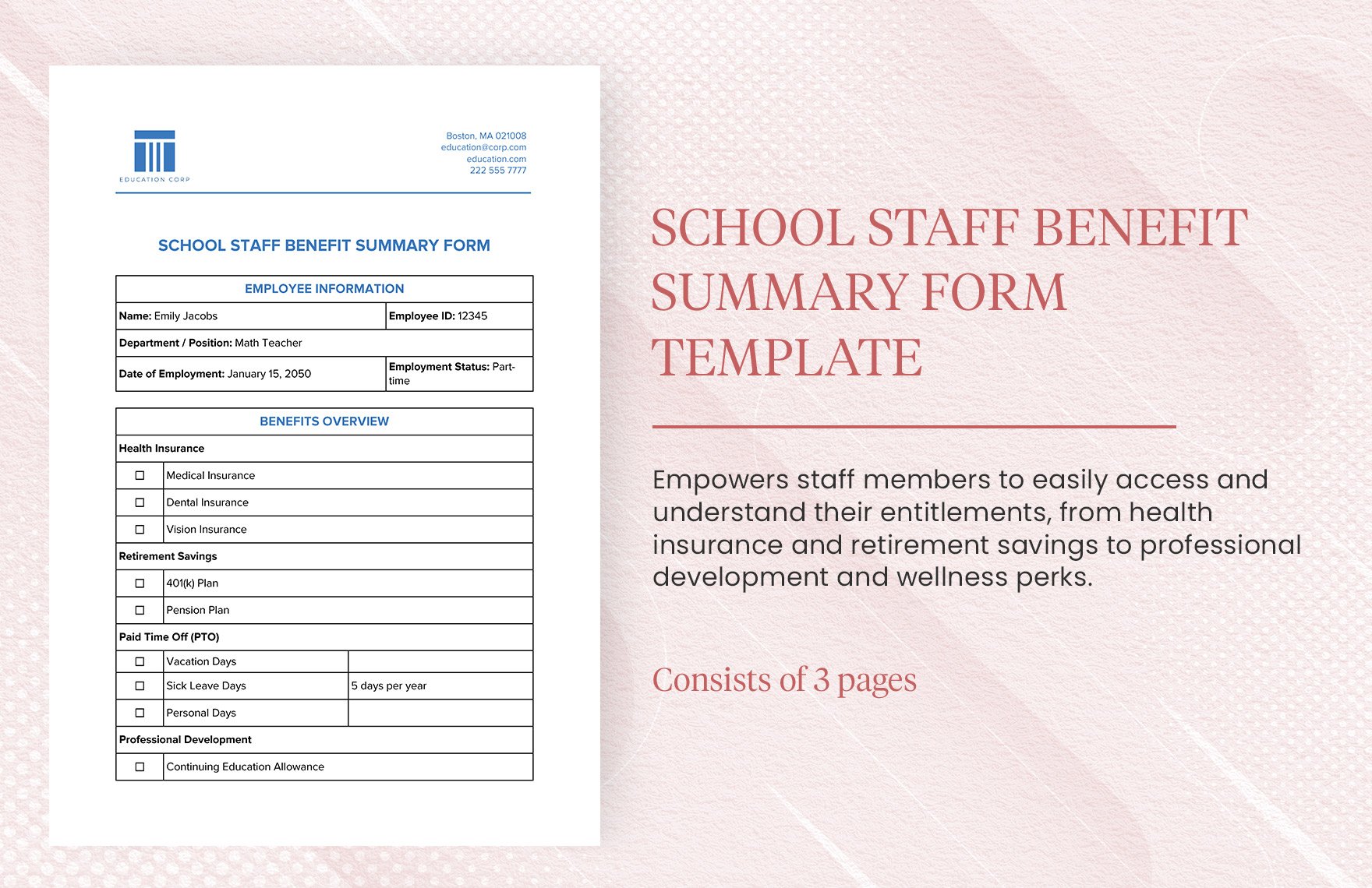 School Staff Benefit Summary Form Template