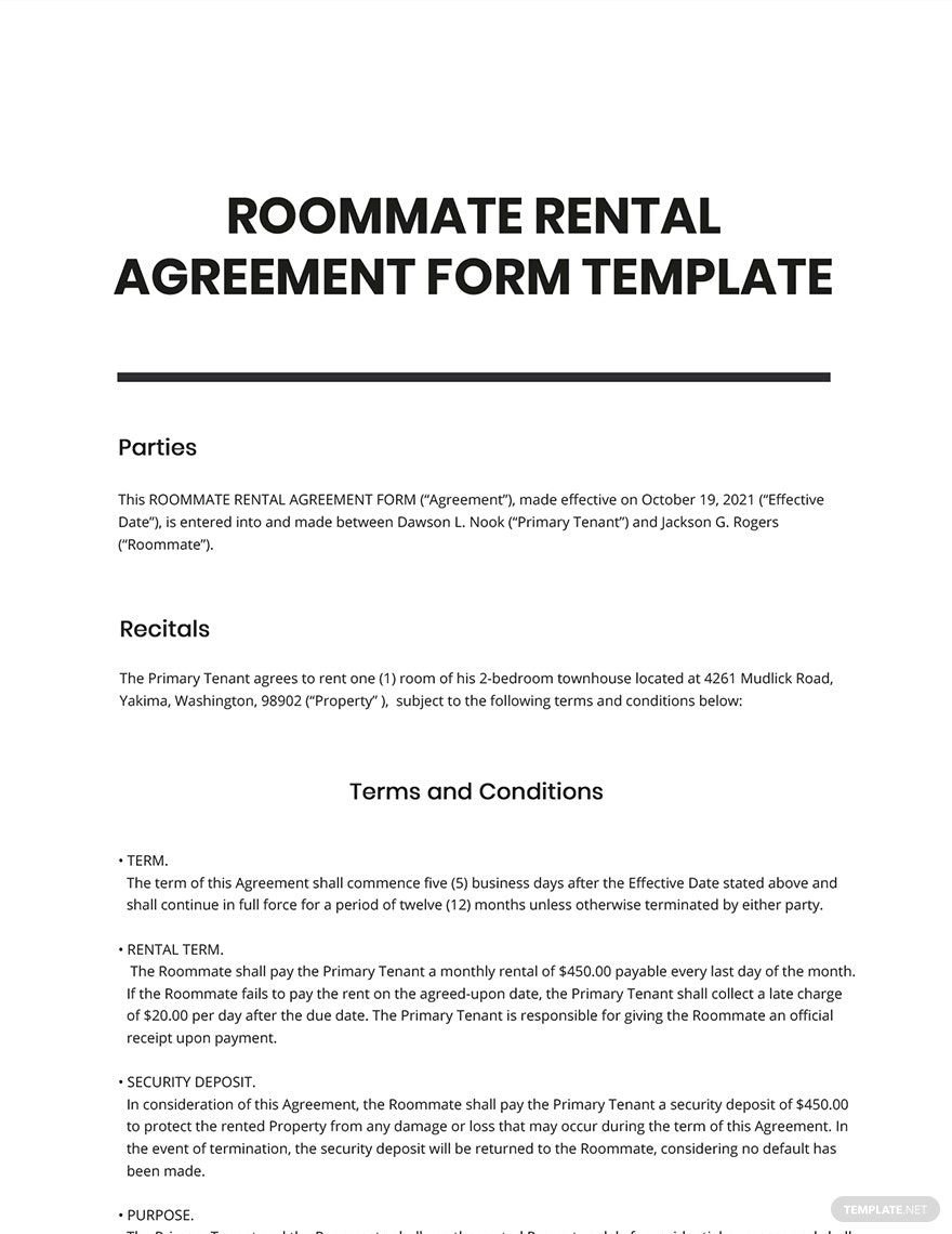 Roommate Rental Agreement Form Template