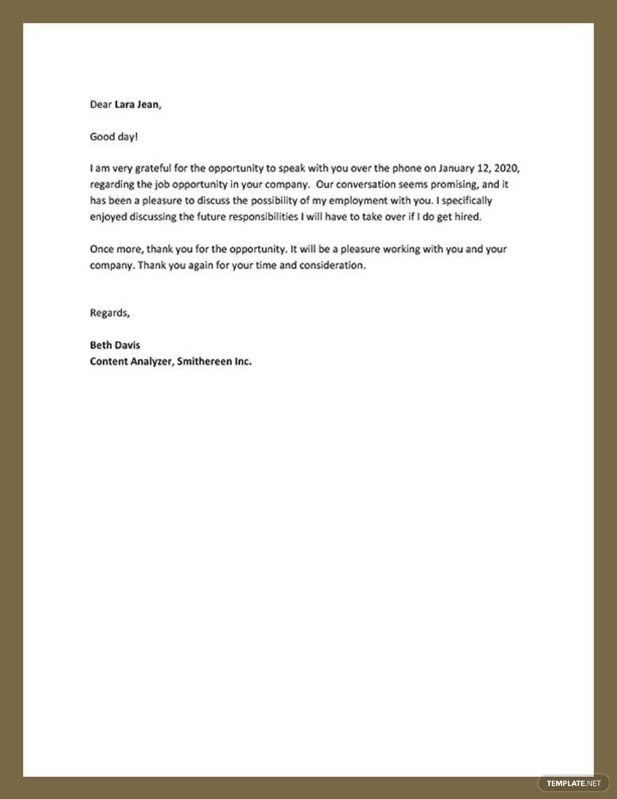 Thank You Letter after Phone Interview Template