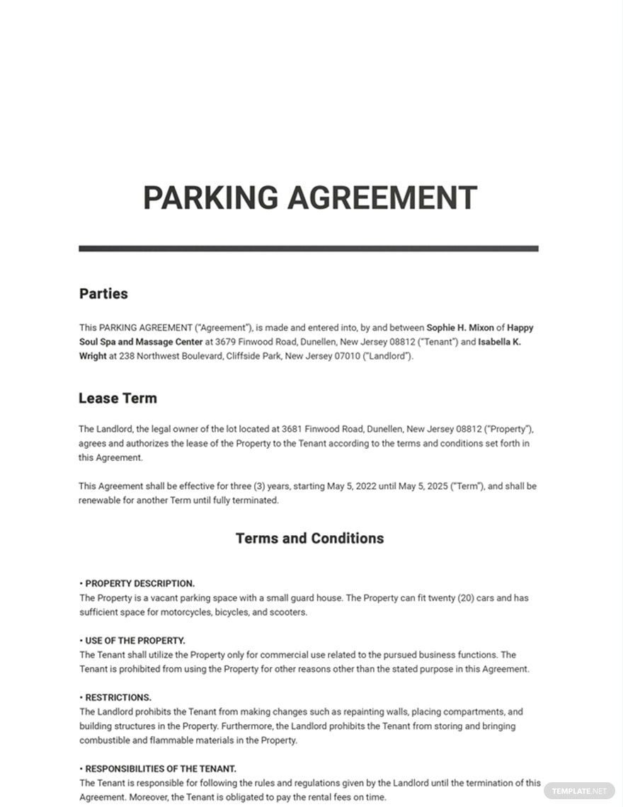 Parking Agreement Template Google Docs, Word, Apple Pages