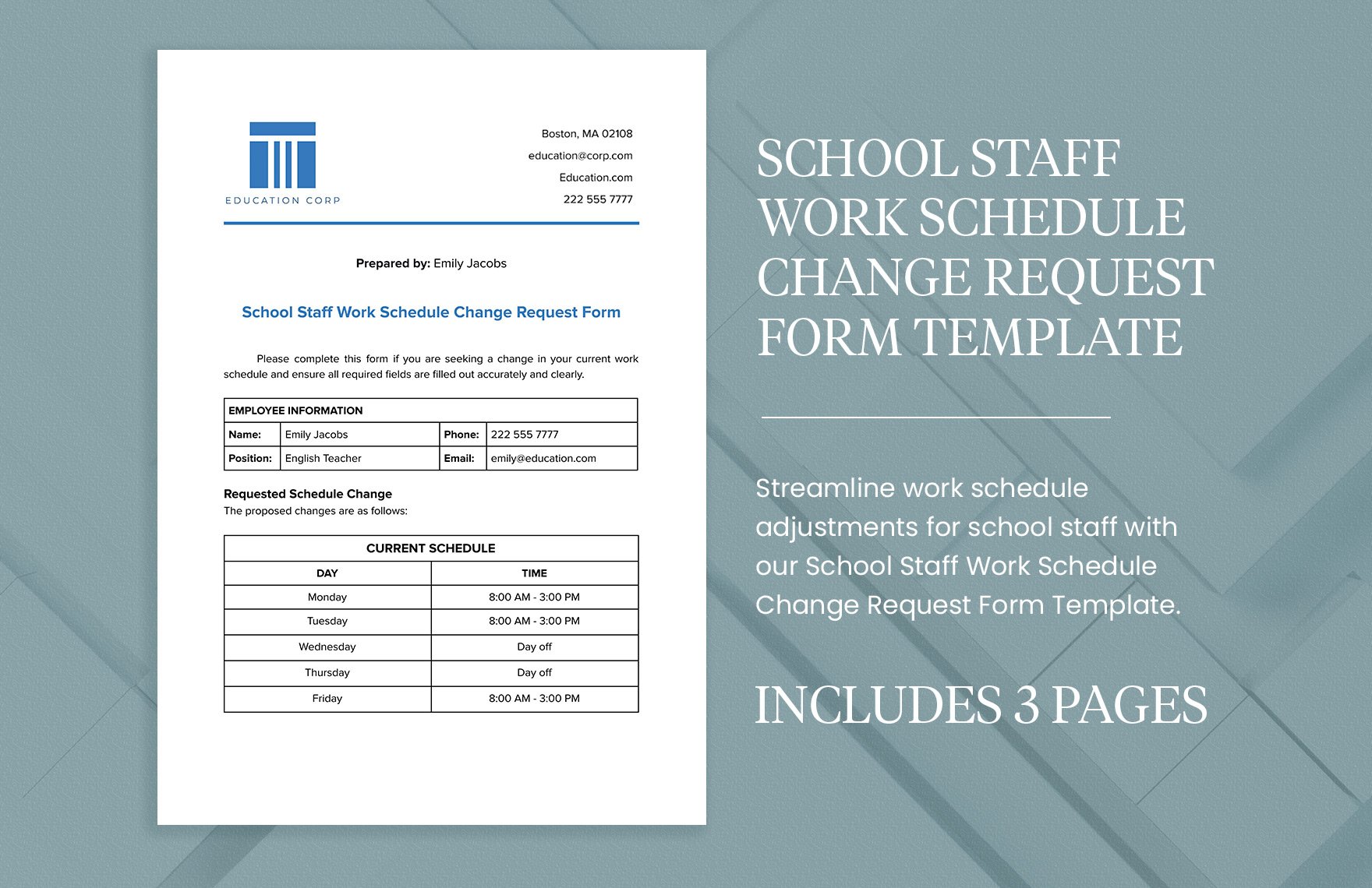 School Staff Work Schedule Change Request Form Template