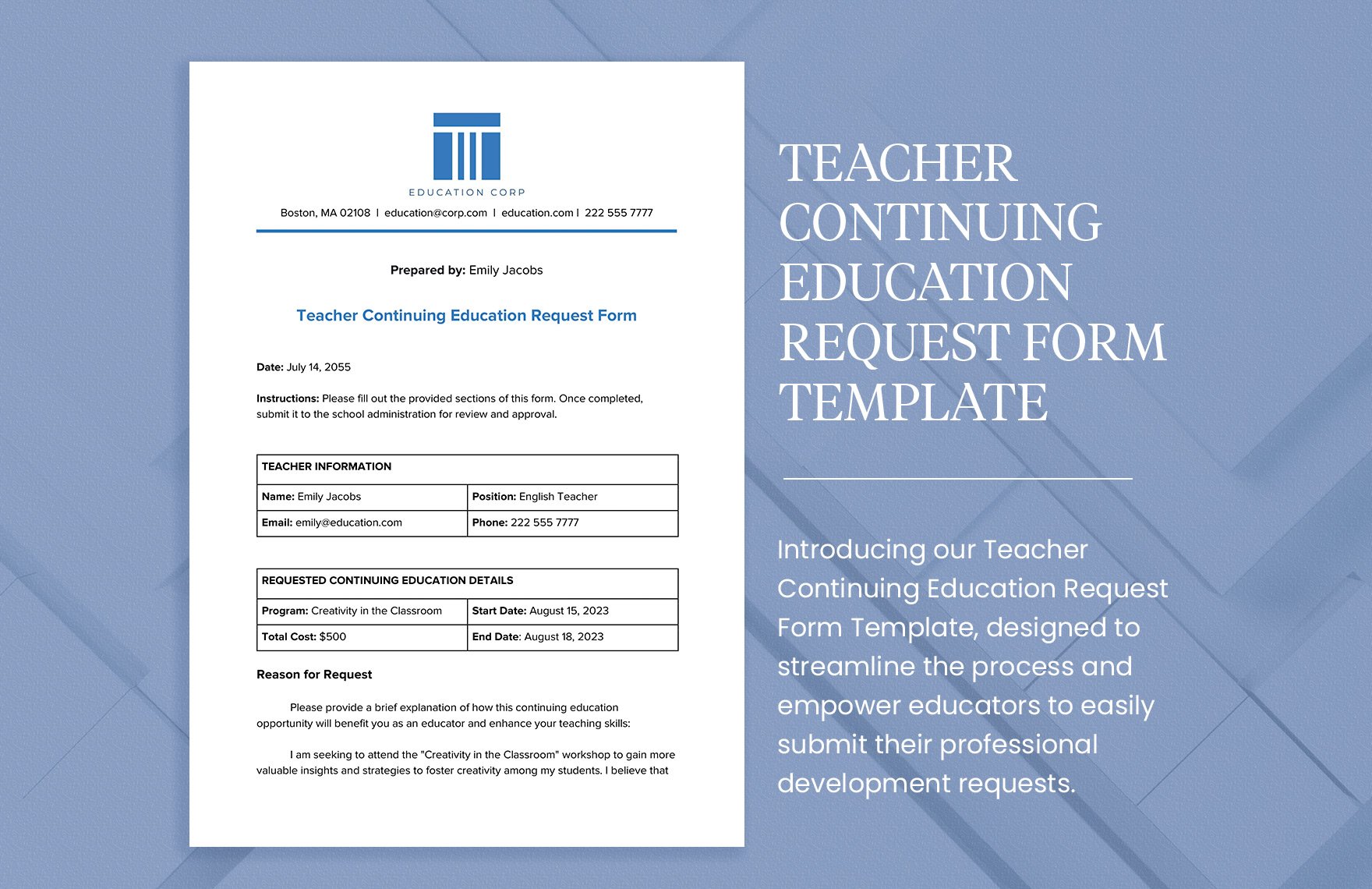 Teacher Continuing Education Request Form Template
