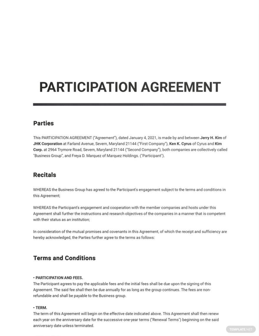 Participation Agreement Template Google Docs Word Apple Pages