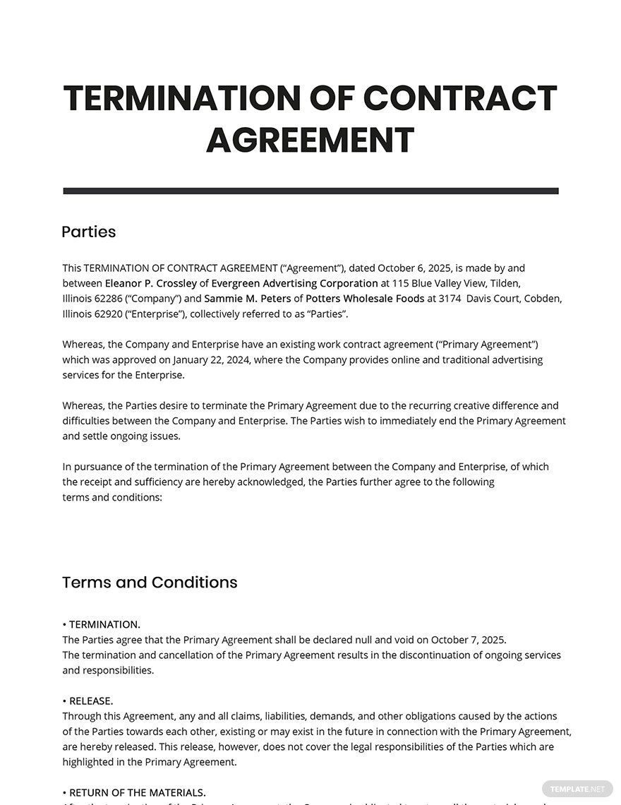 Termination of Contract Agreement Template