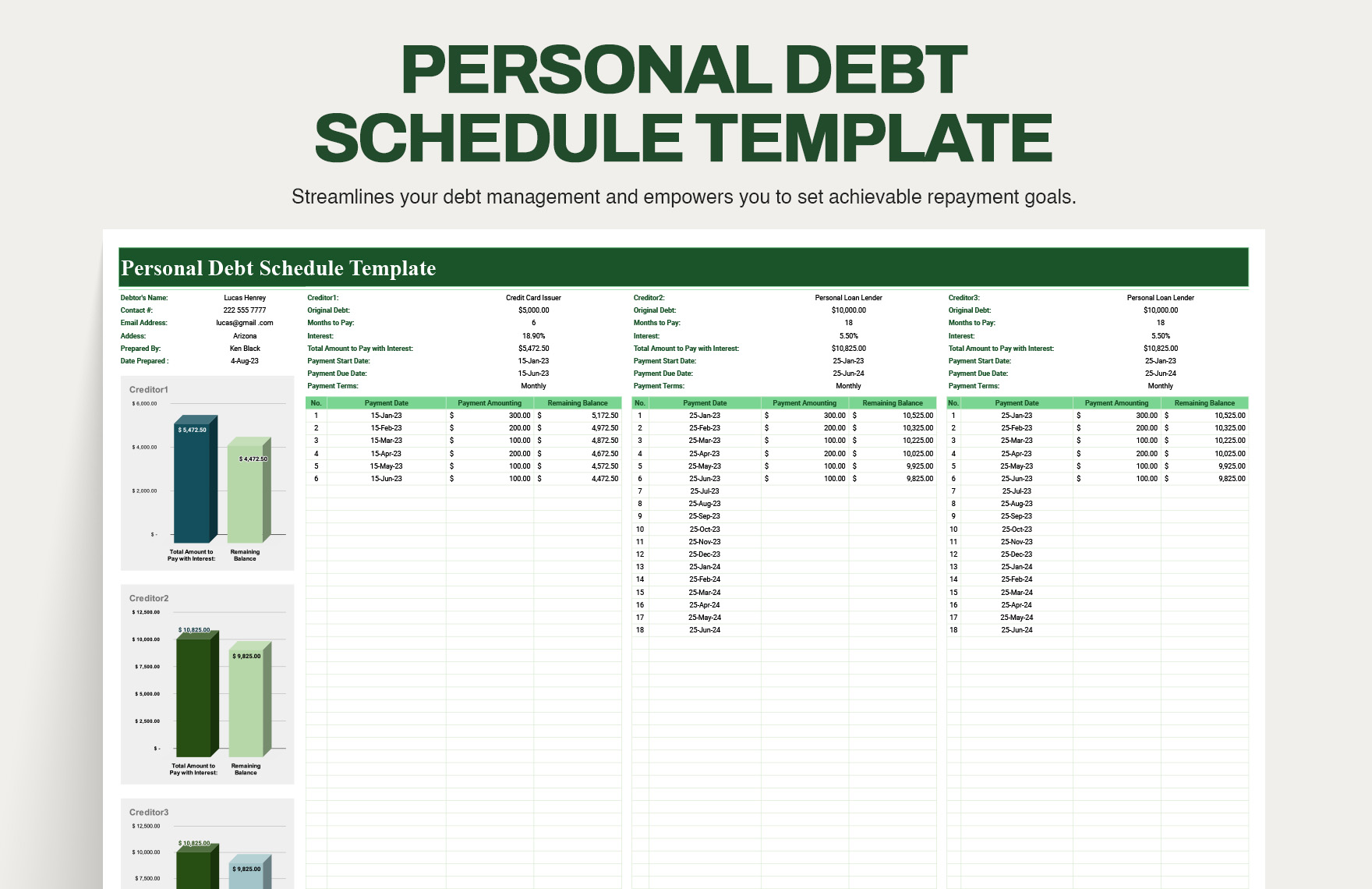 Personal Debt Schedule Template in Excel, Google Sheets - Download | Template.net