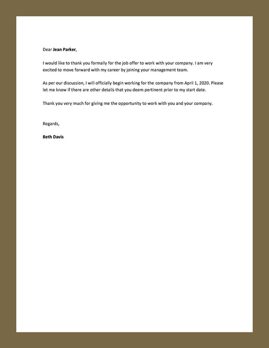 Thank You letter for Job offer Template