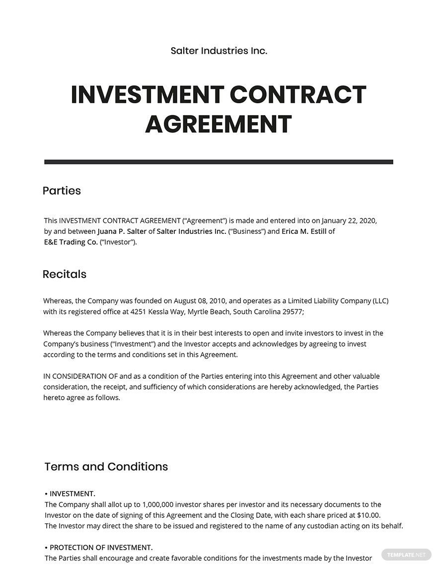 Investment Contract Agreement Template in Google Docs Word Apple