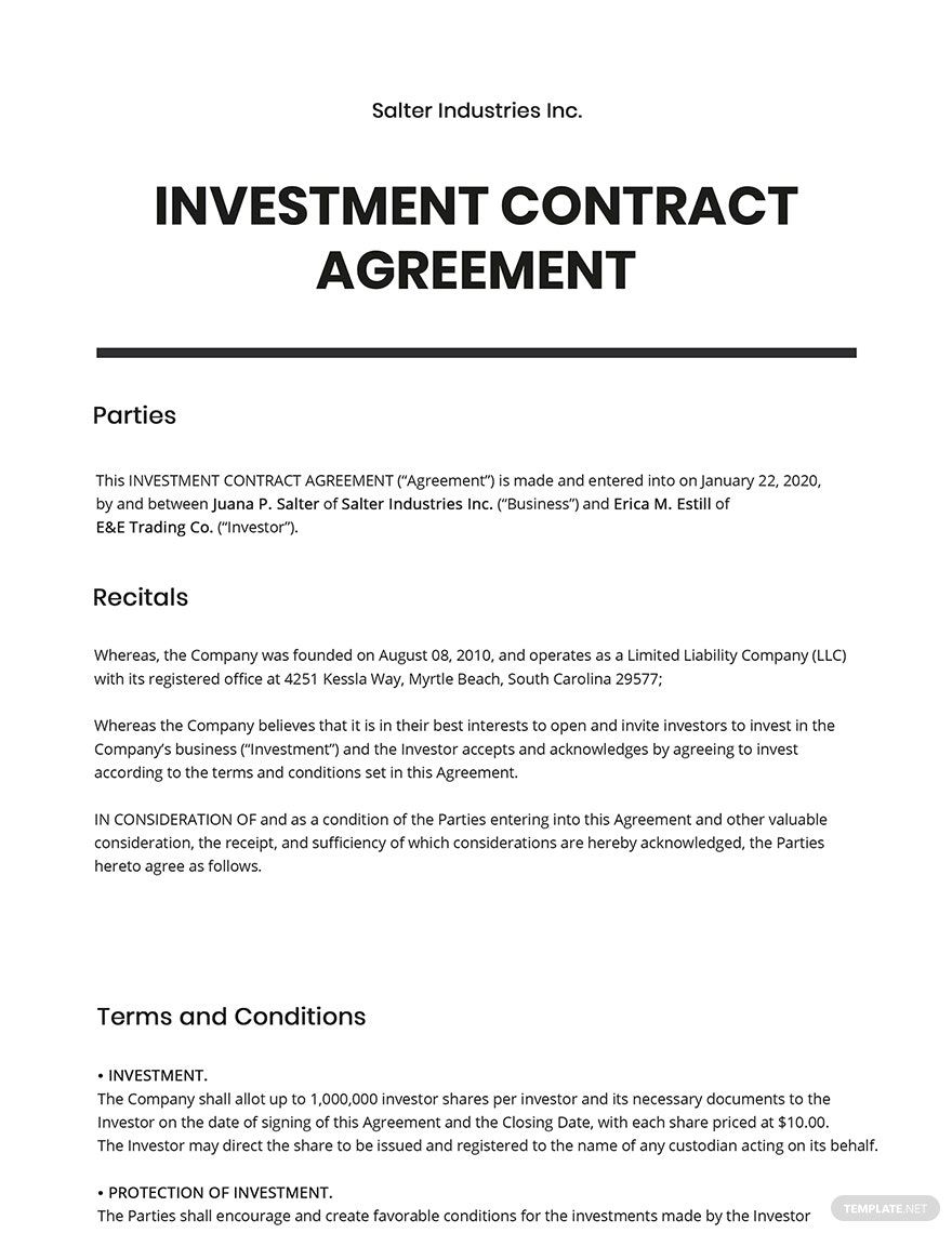 Private Investor Agreement Template   Investment Contract Agreement Template 5 