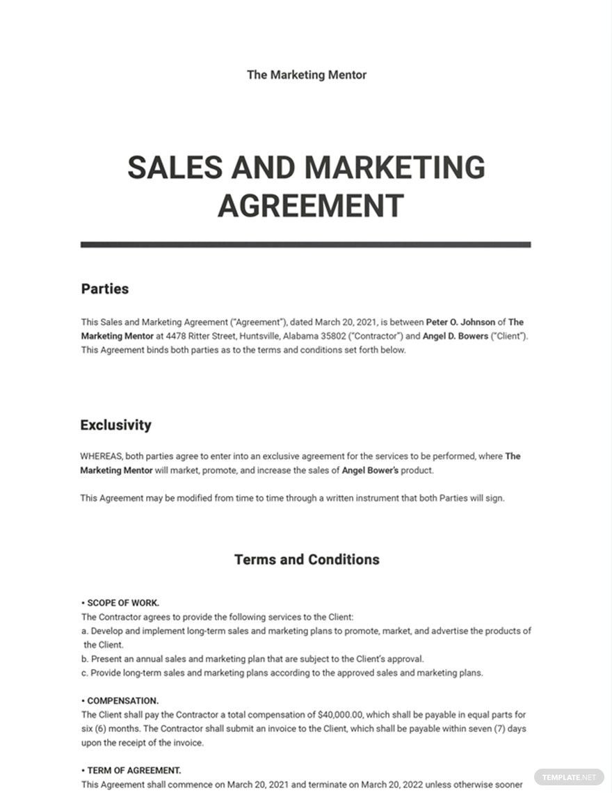 Sales and Marketing Agreement Template