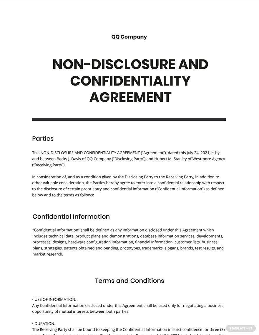 Non-disclosure and Confidentiality Agreement Template