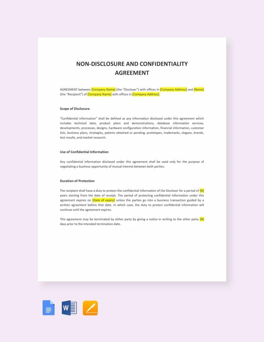 Non-disclosure and Confidentiality Agreement Template in Word, Google Docs, Apple Pages