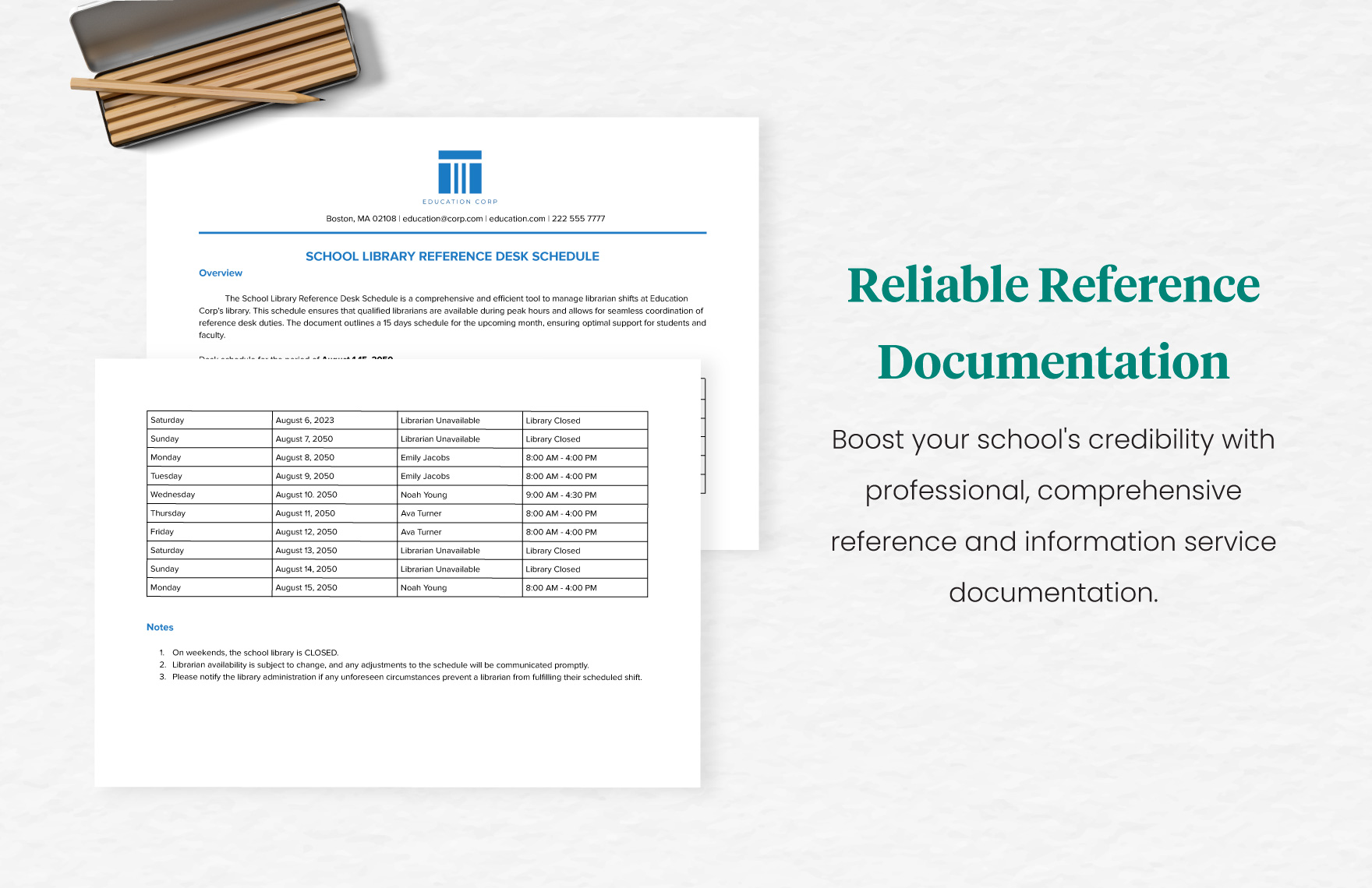 School Library Reference Desk Schedule Template