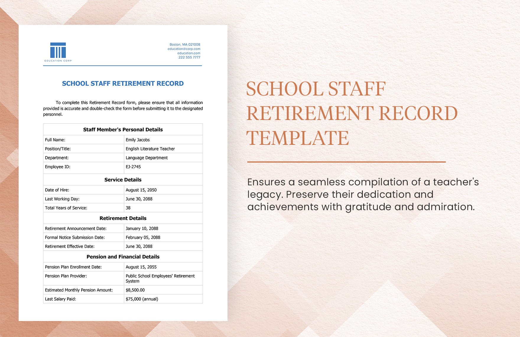 School Staff Retirement Record Template