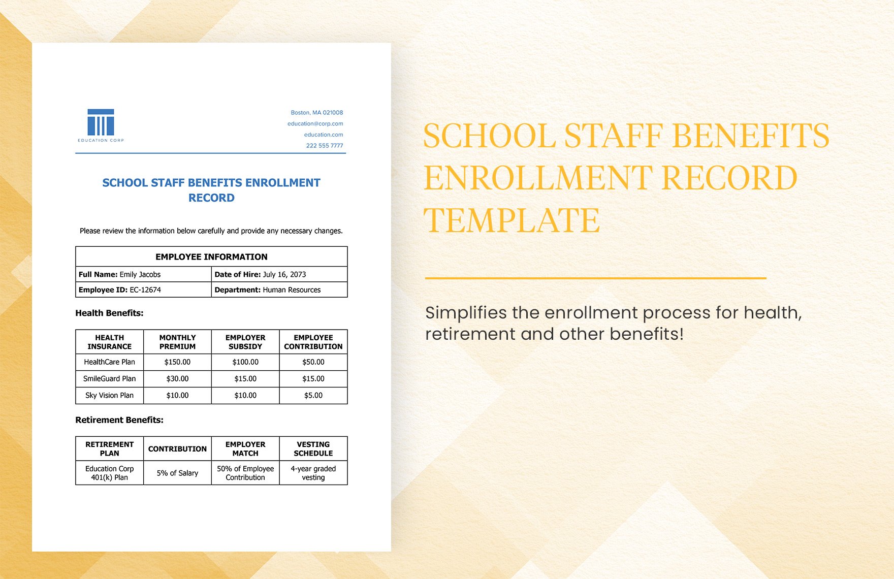 School Staff Benefits Enrollment Record Template