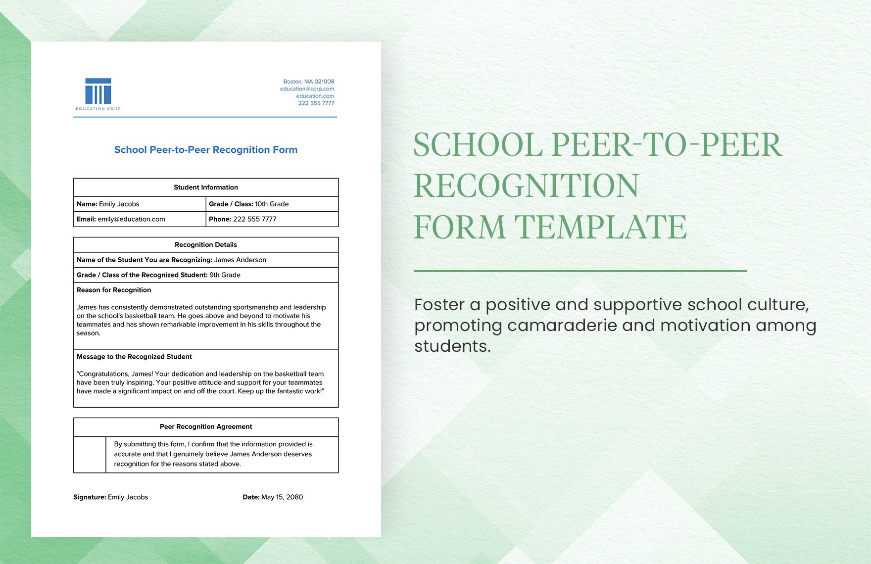 School Peer-to-Peer Recognition Form Template