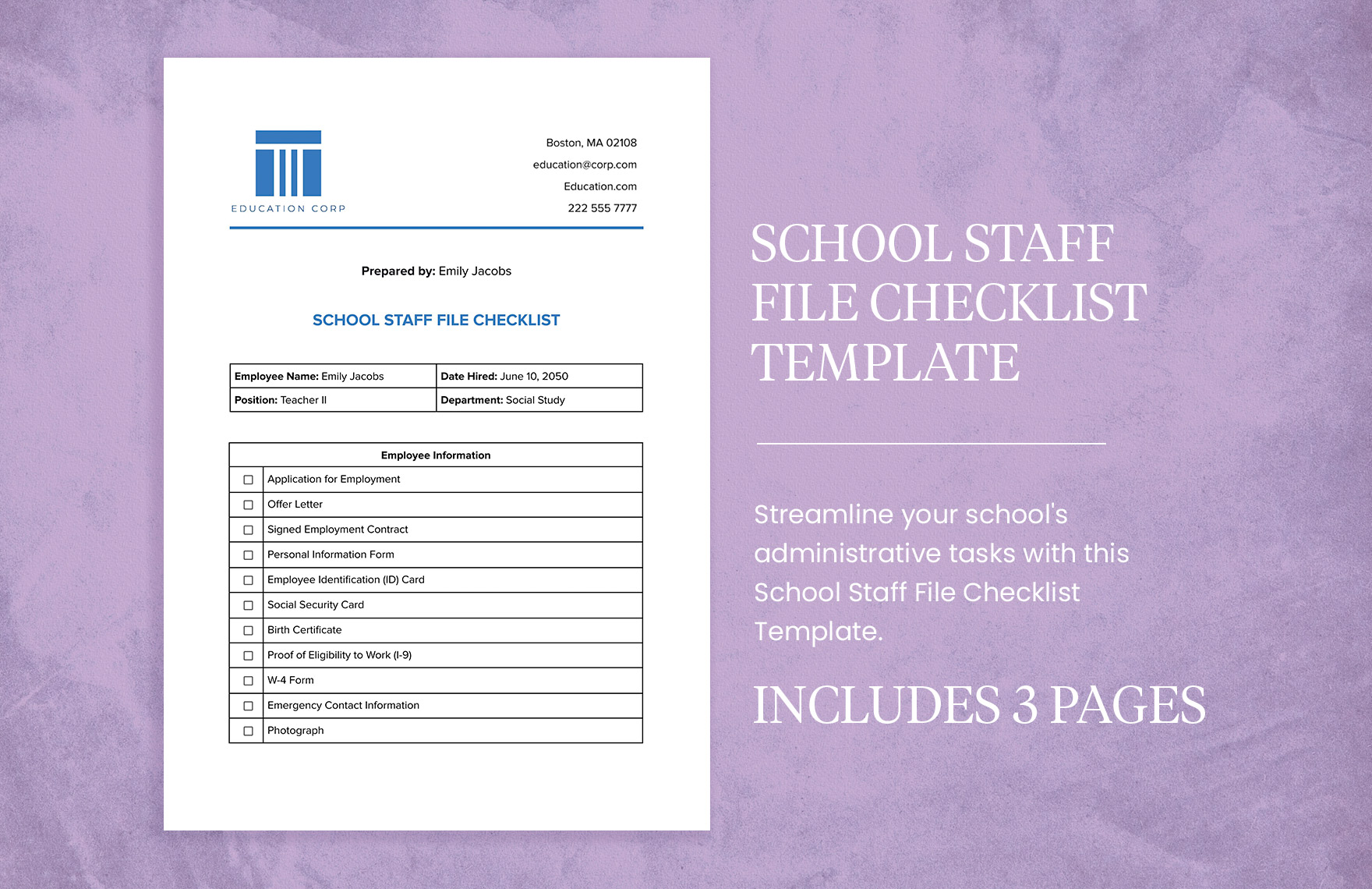 School Staff File Checklist Template