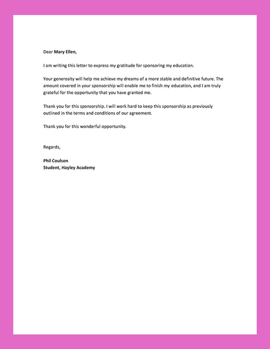 Thank You Letter for Sponsoring Education Template