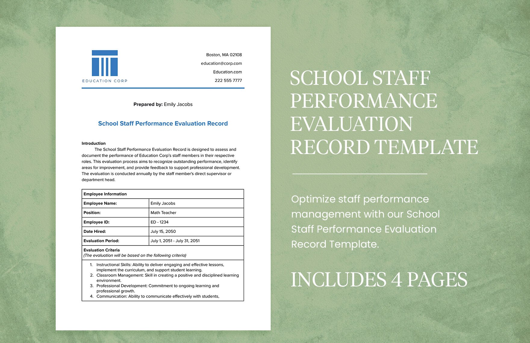 School Staff Performance Evaluation Record Template
