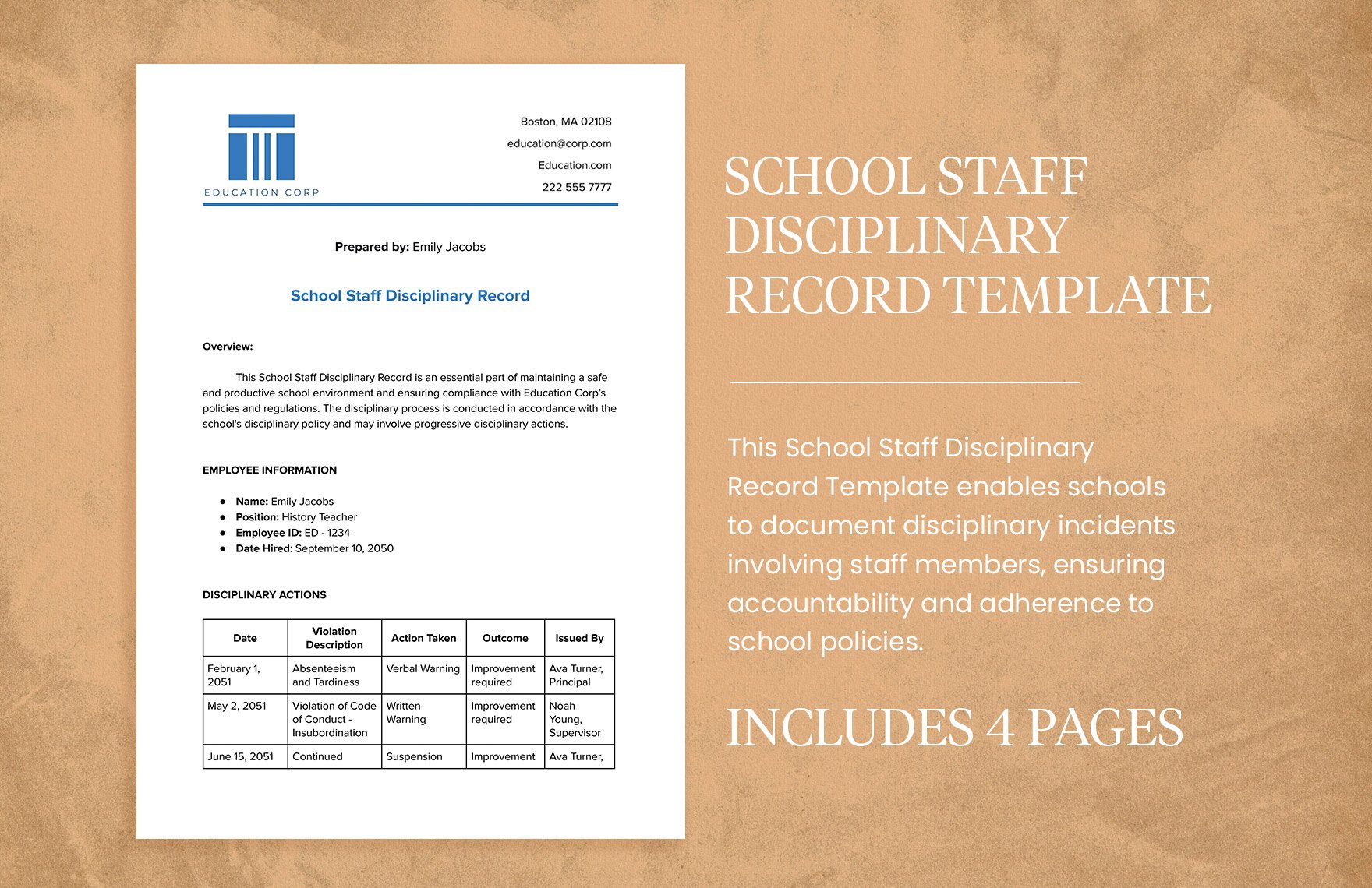 School Staff Disciplinary Record Template